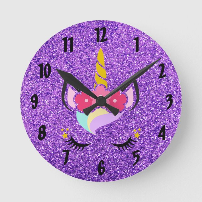 Personlig Unicorn Lila Glitter Wall Clock Rund Klocka (Framsida)