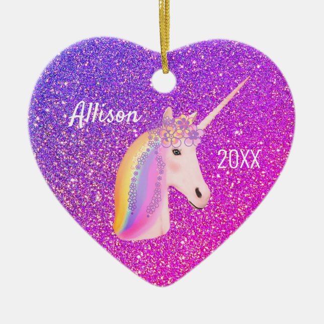 Personlig Unicorn Lila Rosa Glitter Heart Julgransprydnad Keramik (Framsidan)