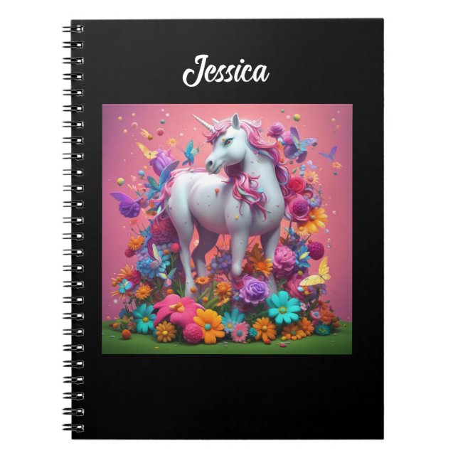 Personlig Unicorn med blommor Anteckningsbok (Framsidan)