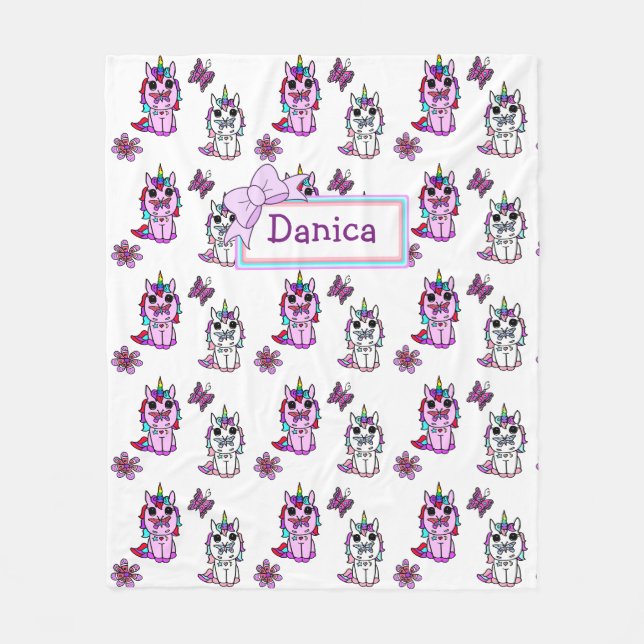 Personlig Unicorn med Bow Lila Fleecefilt (Framsidan)