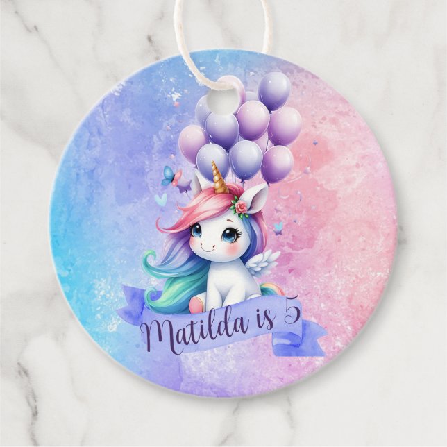 Personlig Unicorn med Märkre i Balloons Gift Gåvor Etiketter (Framsida)
