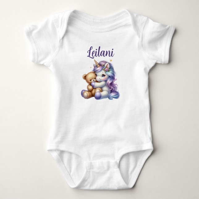 Personlig Unicorn och Nalle Baby Bodykostym T Shirt (Framsida)