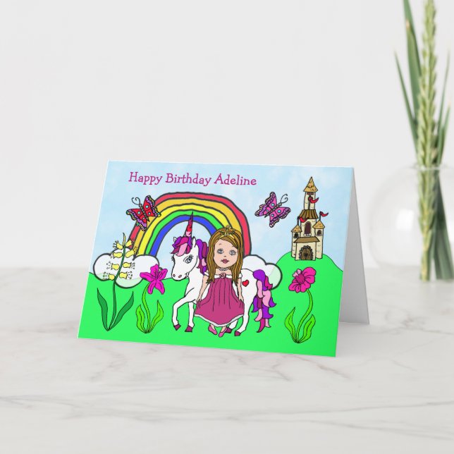 Personlig Unicorn och Princess Birthday Kort (Framsida)
