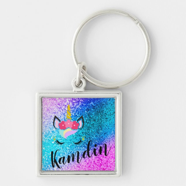 Personlig Unicorn Ombre Glitter Nyckelring (Framsidan)