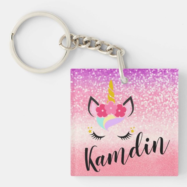 Personlig Unicorn Ombre Glitter Nyckelring (Framsidan)
