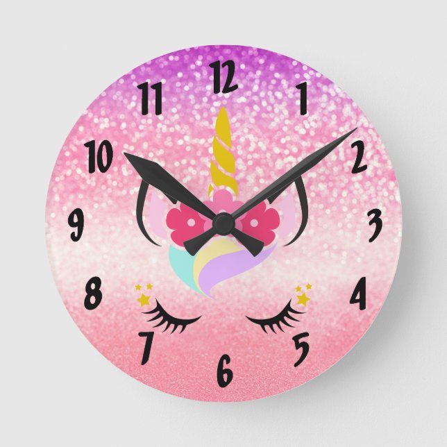 Personlig Unicorn Ombre Glitter Wall Clock Rund Klocka (Framsida)