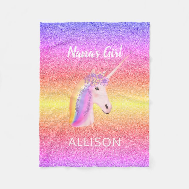 Personlig Unicorn Rainbow Glitter Nanas Girl Fleecefilt (Framsidan)