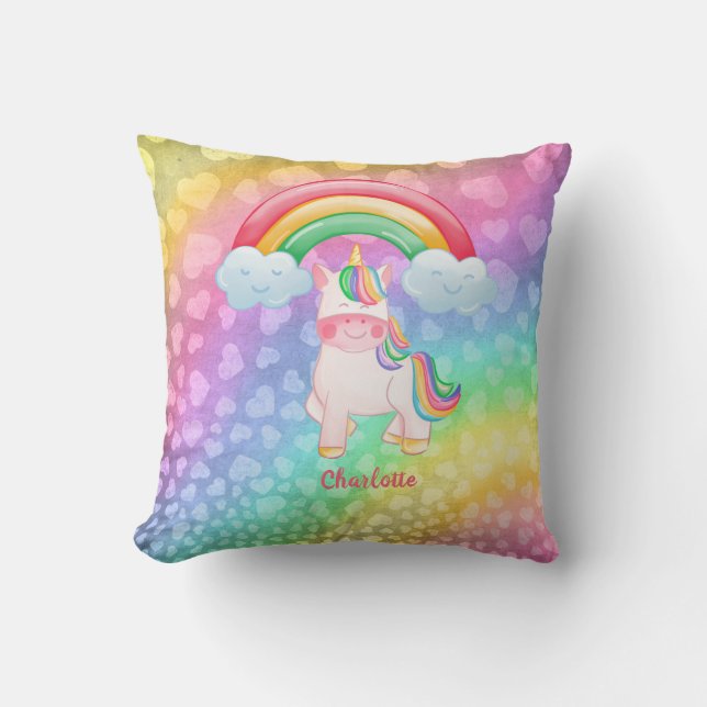 Personlig Unicorn Rainbow Hearts Kudde (Framsida)