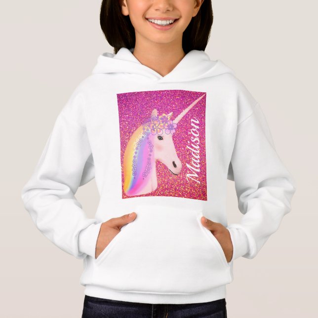 Personlig Unicorn Rainbow Rosa Glitter Sparkles T Shirt (Framsida)