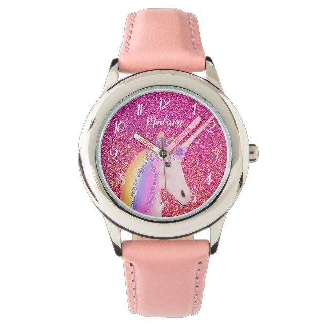 Personlig Unicorn Rosa Glitter Gnistra Barn Armbandsur (Framsida)