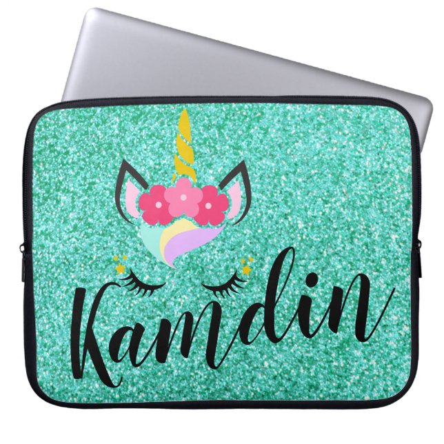 Personlig Unicorn Teal Glitter bärbar dator Fodral (Framsidan)
