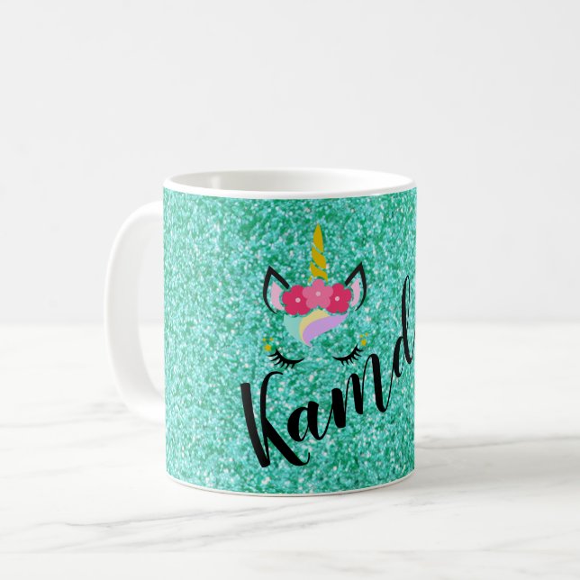 Personlig Unicorn Teal Glitter Coffee Mugg (Framsida vänster)