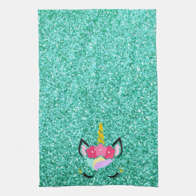 Personlig Unicorn Teal Glitter Kitchen Towel Kökshandduk (Vertikal)
