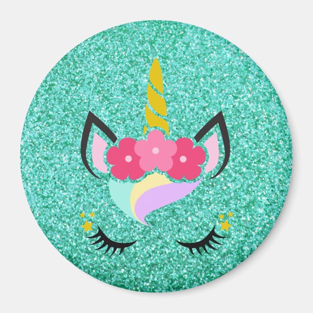 Personlig Unicorn Teal Glitter Magnet (Framsidan)