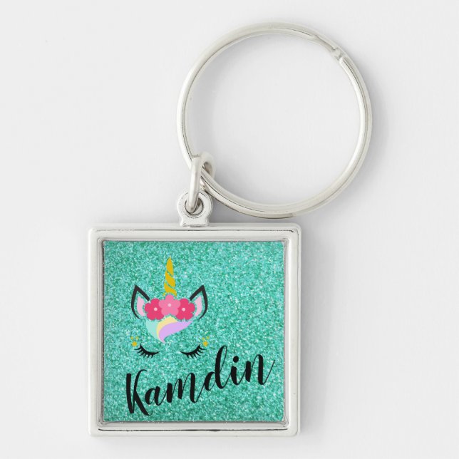 Personlig Unicorn Teal Glitter Nyckelring (Framsidan)