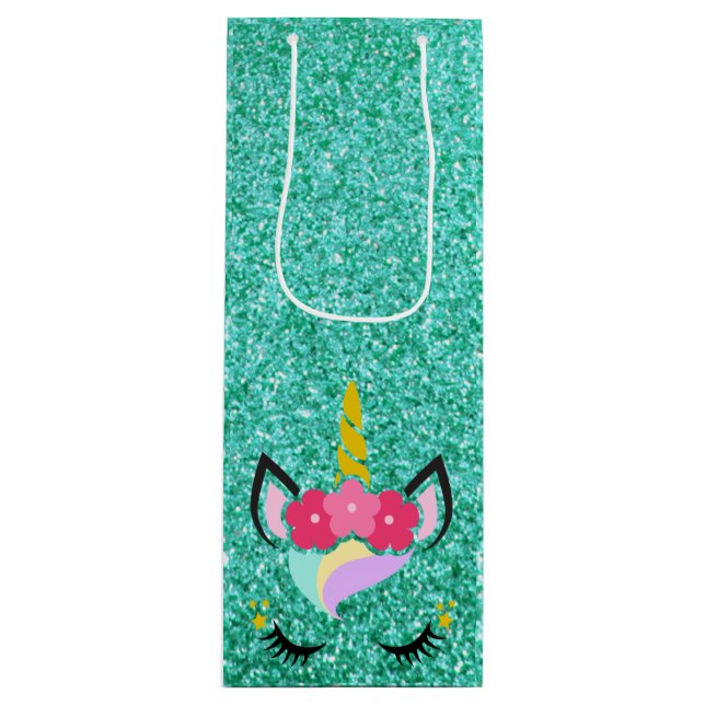 Personlig Unicorn Teal Glitter Vin Gift Bag (Framsidan)
