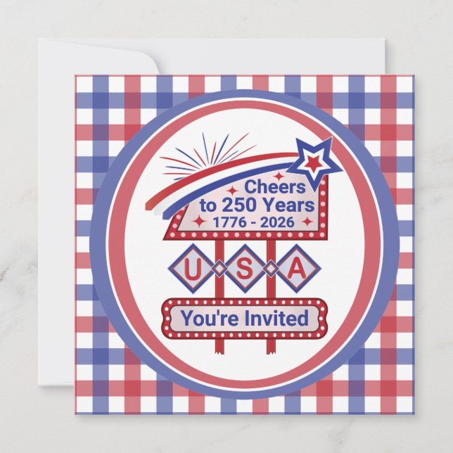 Personlig USA 250 – Patriotisk Retro Marquee Inbjudningar (Framsida)
