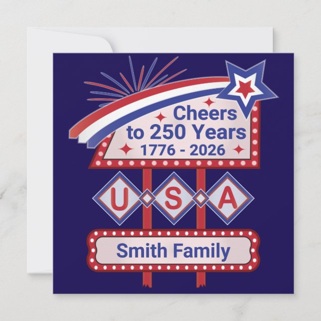 Personlig USA 250-Patriotisk Retro Marquee Inbjudningar (Framsida)