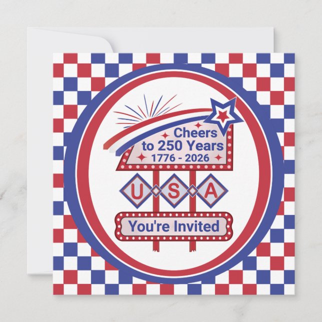 Personlig USA 250–Patriotisk Retro Marquee Inbjudningar (Framsida)
