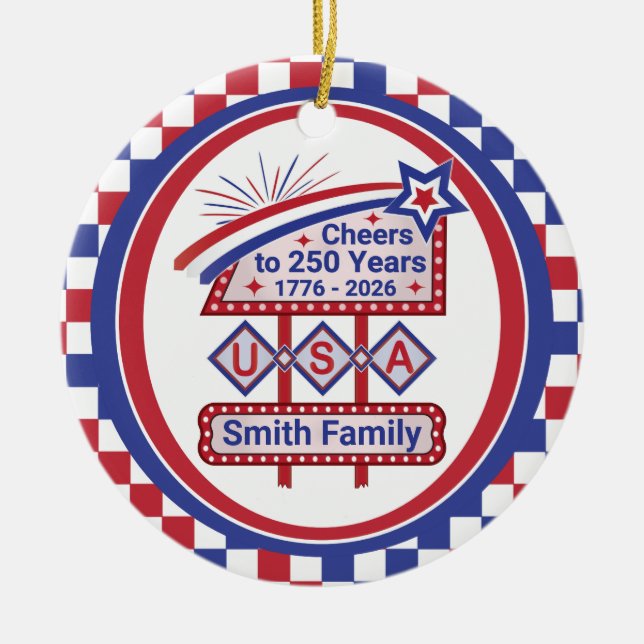 Personlig USA 250 – Patriotisk Retro Marquee Julgransprydnad Keramik (Framsidan)