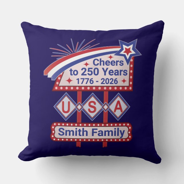 Personlig USA 250 – Patriotisk Retro Marquee Kudde (Framsida)