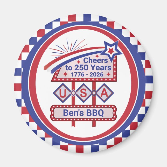 Personlig USA 250 – Patriotisk Retro Marquee Magnet (Framsidan)