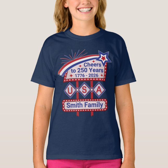 Personlig USA 250 – Patriotisk Retro Marquee T Shirt (Framsida)