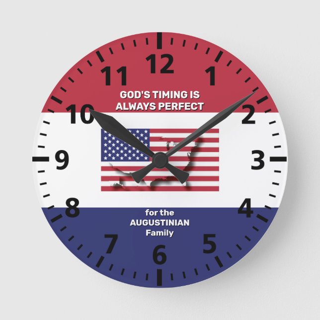 Personlig USA FLAGGA KARTA Gods Timing Christian Rund Klocka (Framsida)