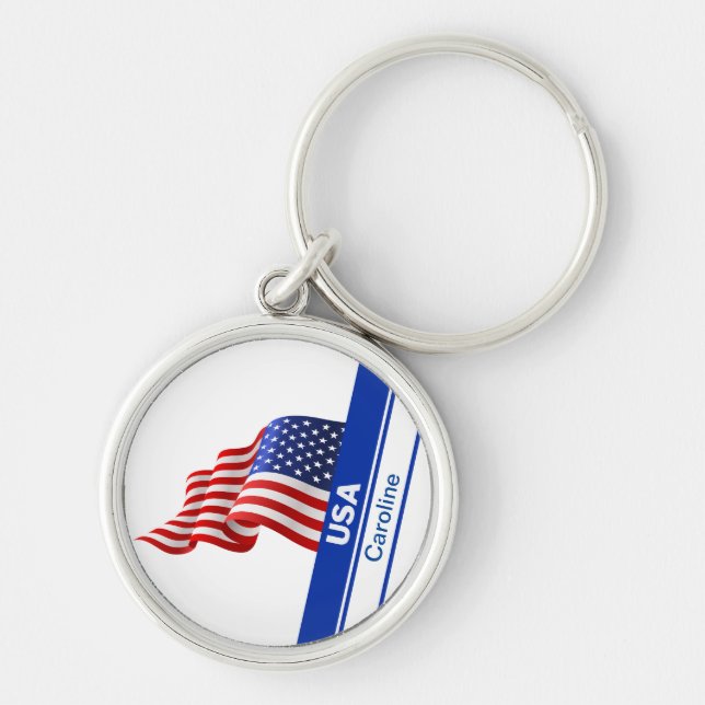 Personlig USA Patriotic Flagga Rund Silverfärgad Nyckelring (Framsidan)