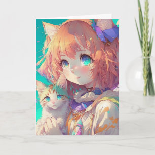 Personlig Vacker Anime Girl med Cute Kitten Kort