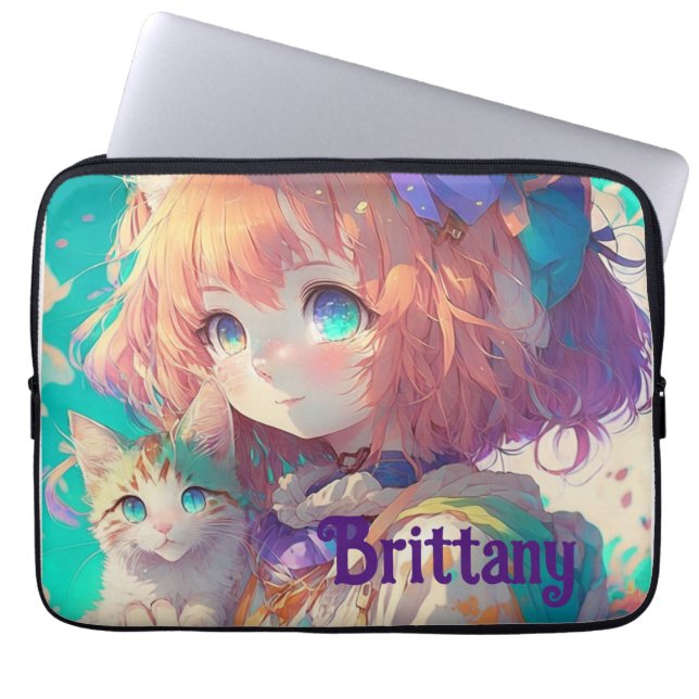 Personlig vacker animeflicka med sött kattunge laptop fodral (Framsidan)