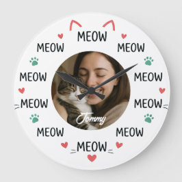 Personlig väggklocka med kattfoto och 'MEOW'