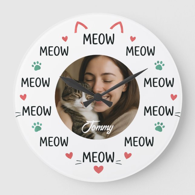 Personlig väggklocka med kattfoto och 'MEOW' (Framsida)