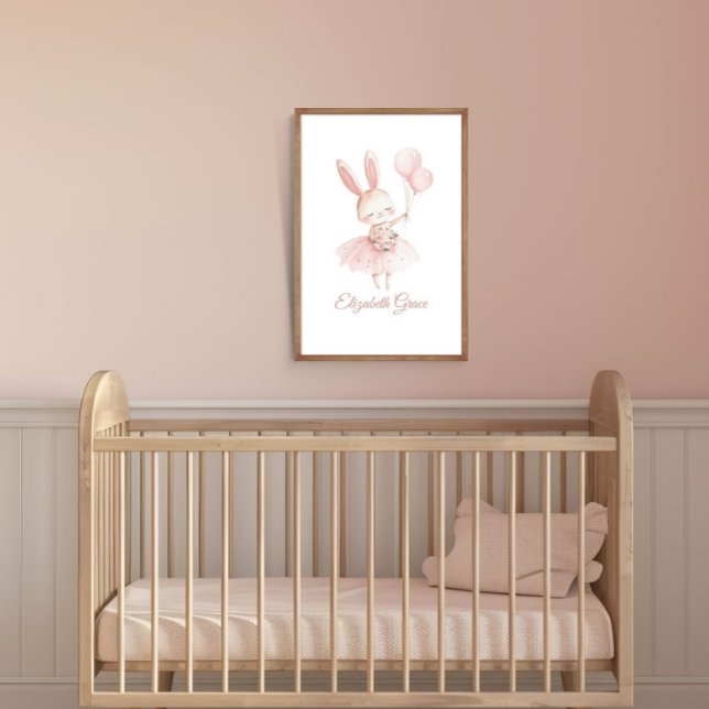 Personlig väggkonst för barnkammare med rosa balle (Pink Ballerina Bunny Personalized Girls Nursery Bedroom Wall Art poster print)