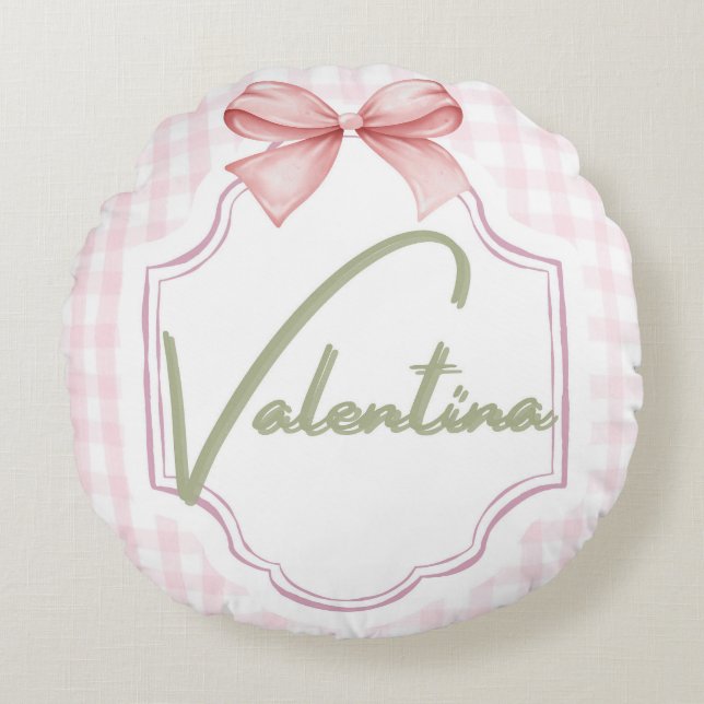 Personlig Valentina Flicka Nursery Gingham Rund Kudde (Framsidan)