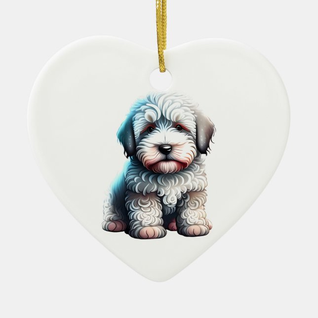 Personlig valp av gammalgammal engelsk herdehund julgransprydnad keramik (Framsidan)