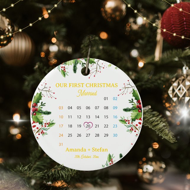 Personlig vår första julkalender julgransprydnad keramik (Personalized Our First Christmas Married Calendar Ceramic Ornament)
