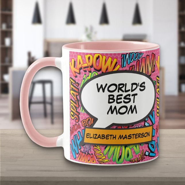 Personlig Världens Bästa Mamma Rolig Rosa Tecknad  Mugg (Personalized Worlds Best Mom Fun Pink Comic Book Mug)