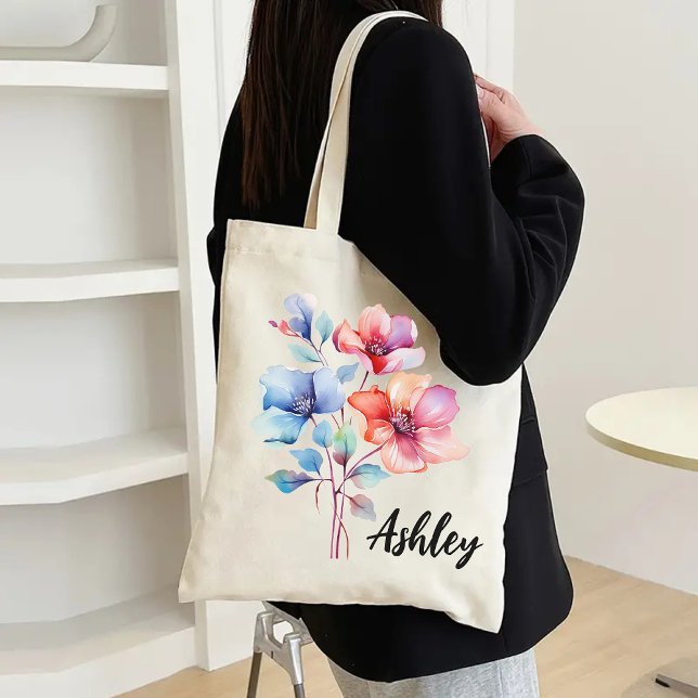 Personlig väska med akvarellblommor för brudtärna (watercolor flowers tote bag, floral tote bag, personalized bag, best mom ever gift, bridesmaid gift)