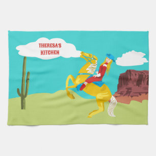 Personlig västerländsk cowgirl på häst kökshandduk