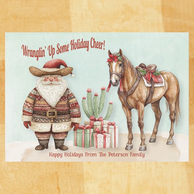 Personlig västerländsk tomte julkort (Western Santa watercolor card with cactus, horse, and gifts – Wranglin’ Up Some Holiday Cheer!

)