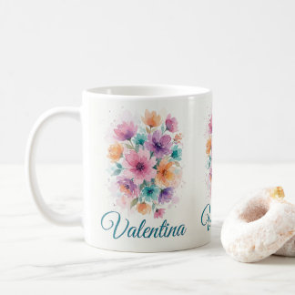 Personlig vattenfärg blommig bukett namn kaffe kaffemugg