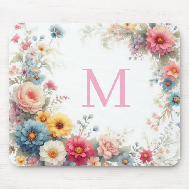 Personlig vattenfärg blommor mall monogram musmatta (Framsidan)