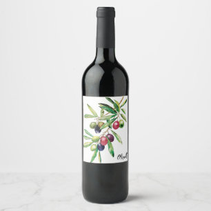 Personlig vattenfärg Olive Gren Vinflaska Etikett