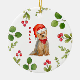 Personlig, vattenfärg Yorkie i Santa hat Julgransprydnad Keramik