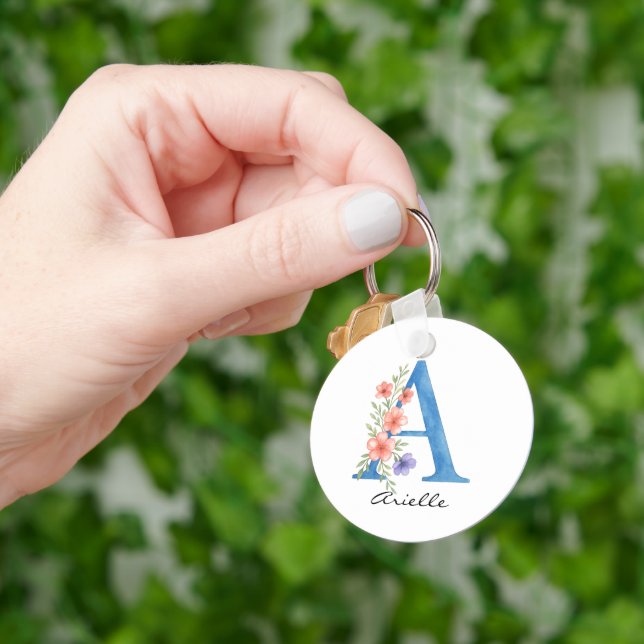 Personlig Vattenfärgad Blommigt Brev A monogram Nyckelring (Hand)