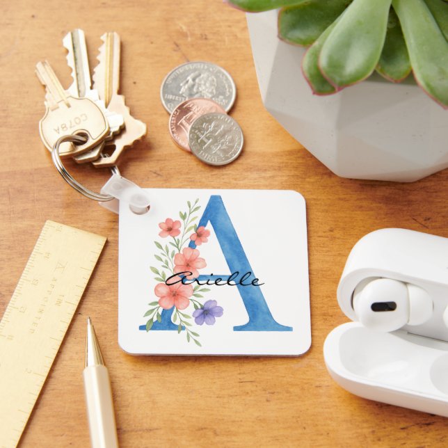Personlig Vattenfärgad Blommigt Brev A monogram Nyckelring (Skrivbord)