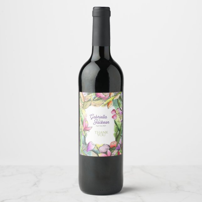 Personlig vattenfärgblomma Kontur Vinflaska Etikett (Framsida)