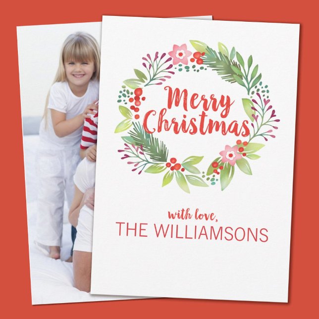 Personlig Vattenfärgning Julfrö Utandning Foto Julkort (A pretty watercolor floral Christmas wreath decorates this holiday photo card. )