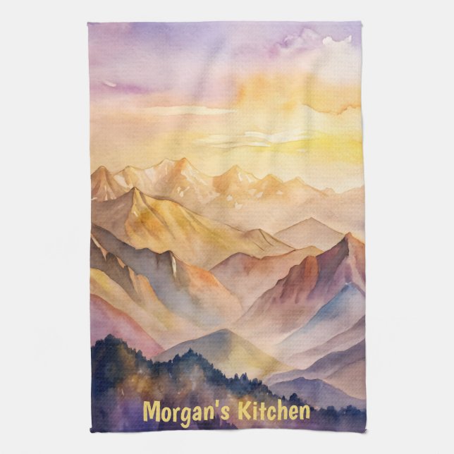 Personlig Vattenfärgsberg solnedgång Kökshandduk (Vertikal)